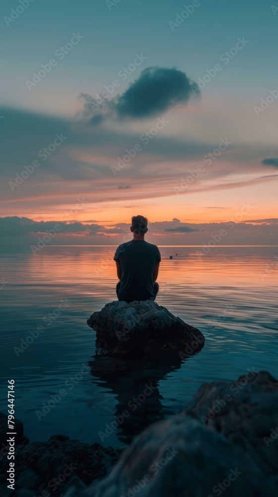 b'Man Sitting on Rock in Ocean Watching Sunset'