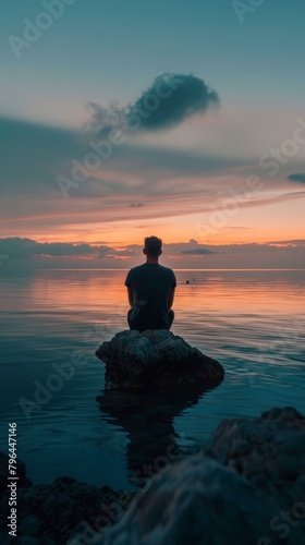 b Man Sitting on Rock in Ocean Watching Sunset 