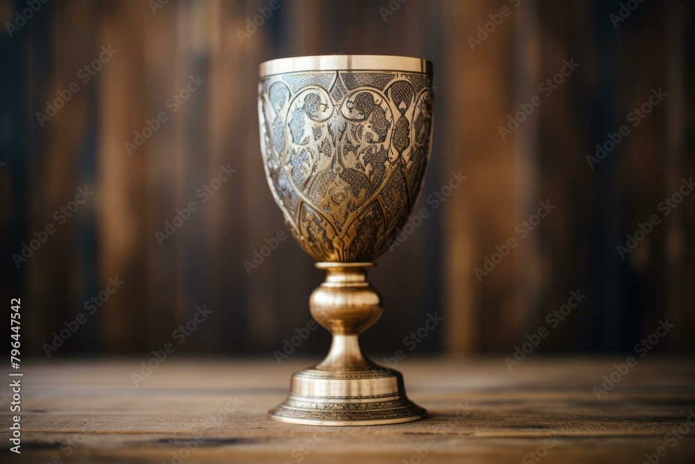 b'ornate golden goblet on a wooden table' b'ornate golden goblet on a wooden table'
