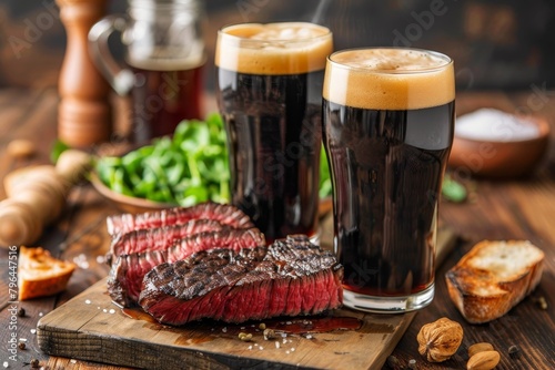 Savoring a delicious steak and fresh greens meal accompanied by dark beer on a rustic wooden platter