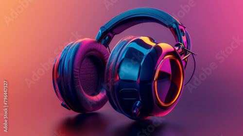 Vibrant, over-ear headphones set against a pink and blue gradient background, emphasizing modern design and leisure.