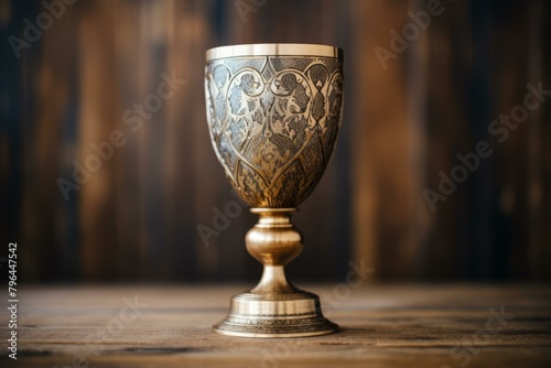 b'ornate golden goblet on a wooden table'