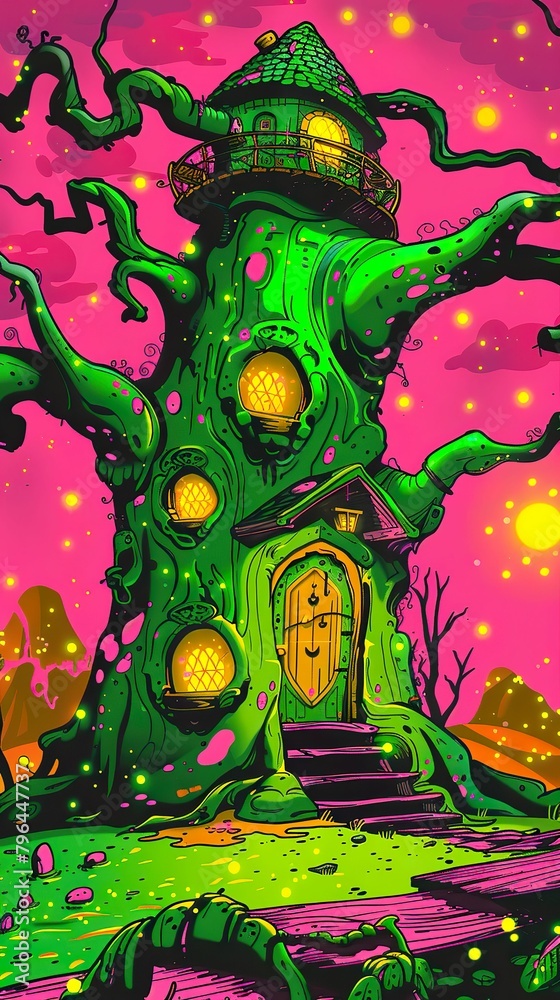 Elven Treehouse, enchanted forest, fantasy setting, glowing fireflies, 3D render, backlighting, depth of field bokeh effect, Mirror shot