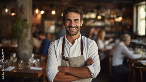 b'Portrait of a smiling waiter in a restaurant' photo
