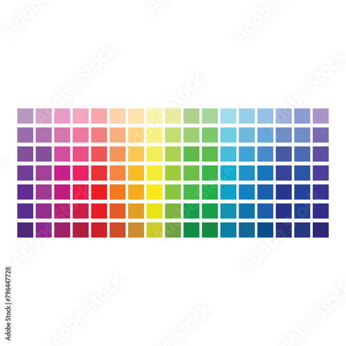 Color palette. Table color shades. Harmony. Trend. Vector illustration. Chart. Print a Test Page. Color Number or Name. RGB, CMYK, HEX HTML codes.