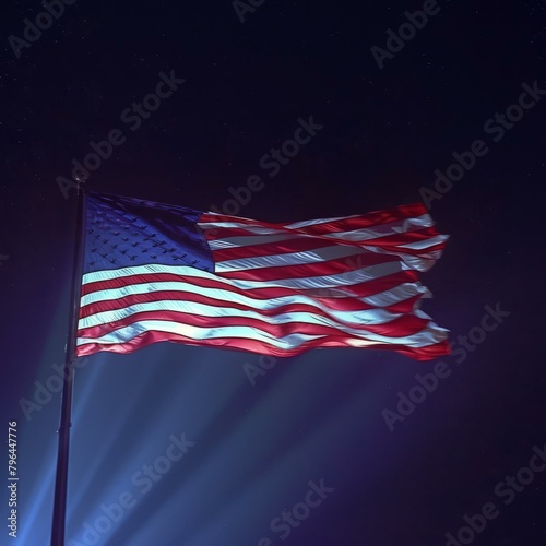 b'American flag waving in the wind at night'