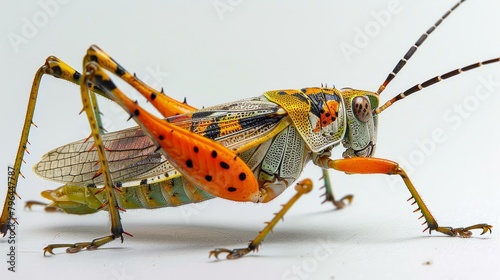 b'A colorful grasshopper on a white background' photo