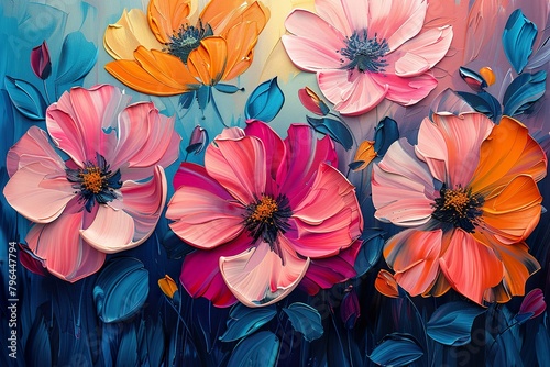 A colorful abstract oil painting technique. Flowers  leaves. The future is stylish on paper.