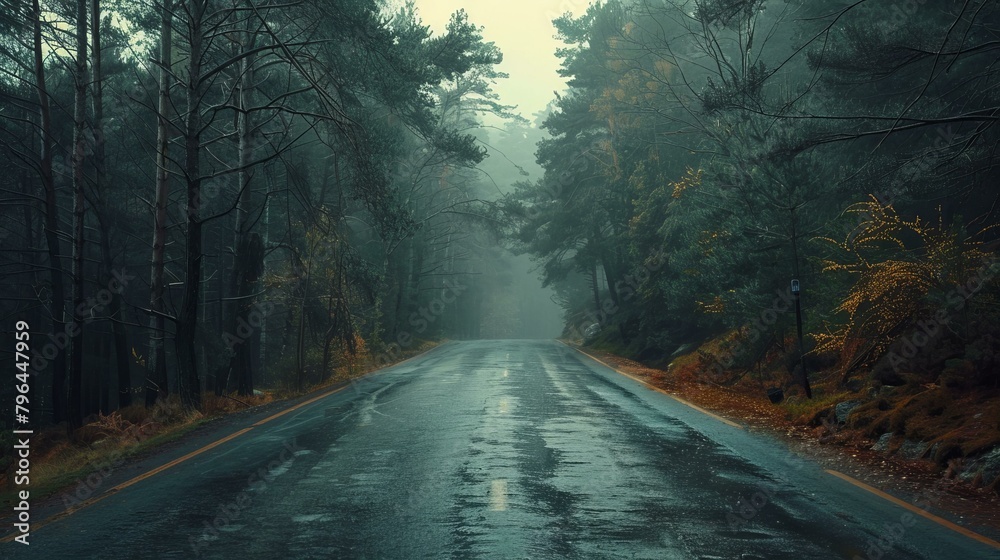Obraz premium b'Country road through a dark and misty forest'
