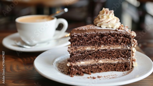 Delicious chocolate hazelnut cake with coffee at cafe