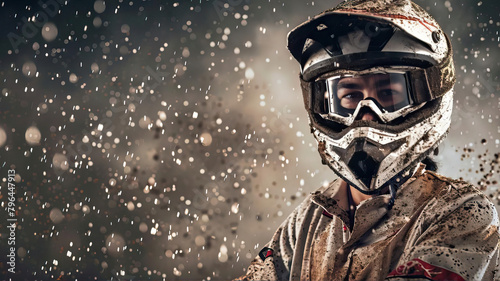 dirty motorcyclist motocross racer in helmet and goggles on rain-spattered background
