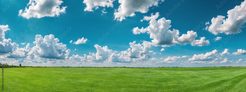 Green lawn with fresh mown grass against a background of blue sky with clouds. Green lawn with fresh mown grass against a background of blue sky with clouds.