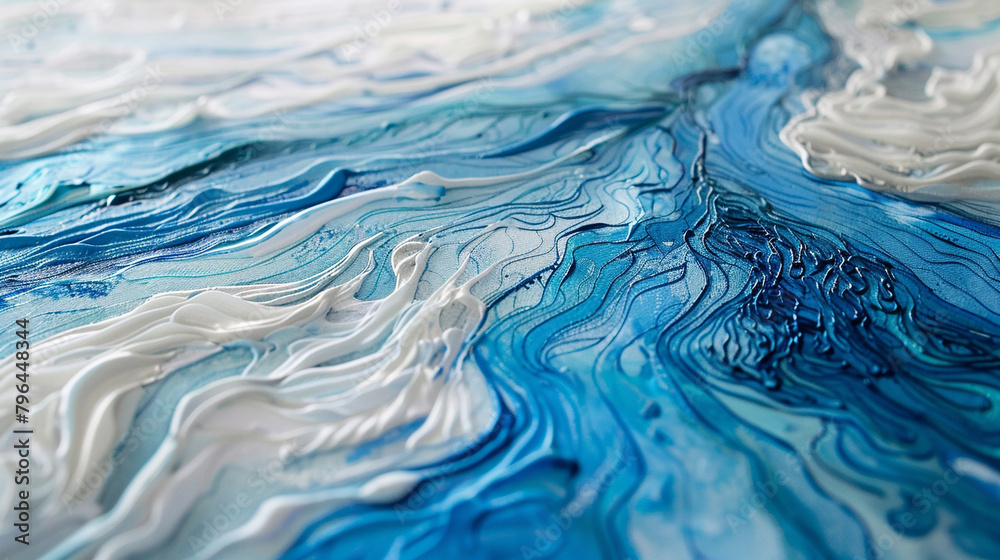 Hand-drawn acrylic painting close-up features a fluid blend of blues and whites, evoking a peaceful, flowing river. Hand-drawn acrylic painting close-up features a fluid blend of blues and whites, evoking a peaceful, flowing river.
