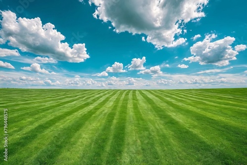 Green lawn with fresh mown grass against a background of blue sky with clouds. photo