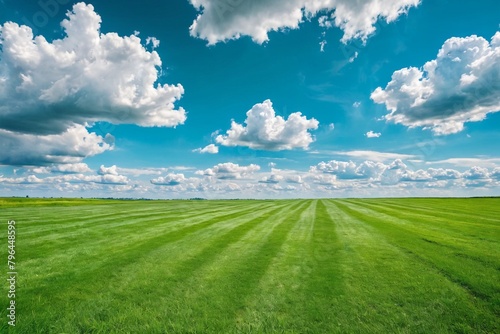 Green lawn with fresh mown grass against a background of blue sky with clouds.