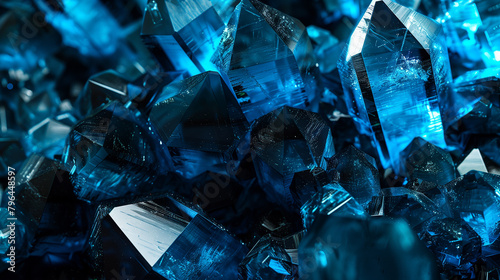 A blue crystal formation is on a rocky surface. The blue color of the crystals is very bright and stands out against the dark background. Concept of wonder and awe at the beauty of nature
