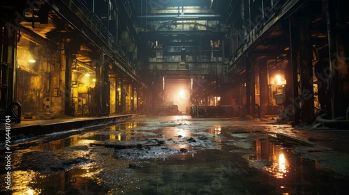 b'An empty factory building with water on the floor' photo