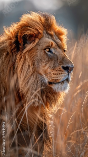b'Portrait of a male lion with a golden mane'