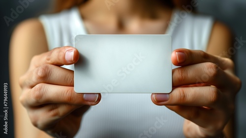 female hands holding blank paper card , Card template