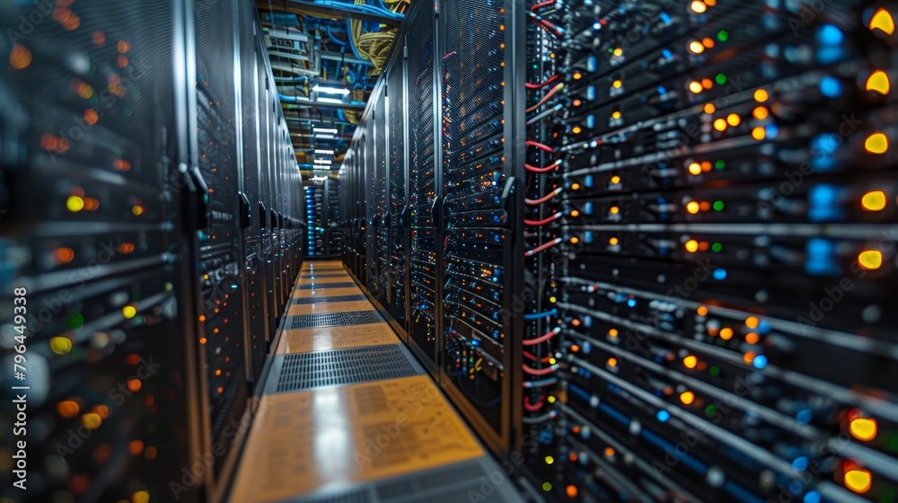 Internet Infrastructure: A photo of a server room with servers and equipment neatly organized on racks Internet Infrastructure: A photo of a server room with servers and equipment neatly organized on racks