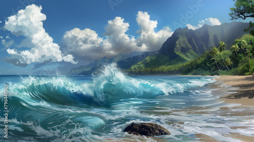 A painting of a beach with a wave crashing on the shore. The sky is blue and the mountains in the background are green. The mood of the painting is peaceful and serene