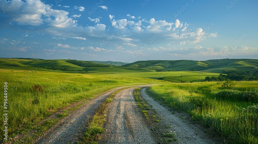 b'Countryside dirt road through the green hills' b'Countryside dirt road through the green hills'