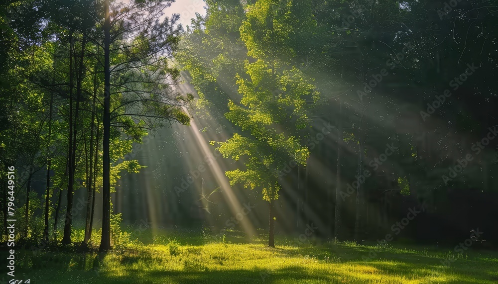 Fototapeta premium Luminous sunlight filtering through lush green forest canopy, creating a serene natural spectacle