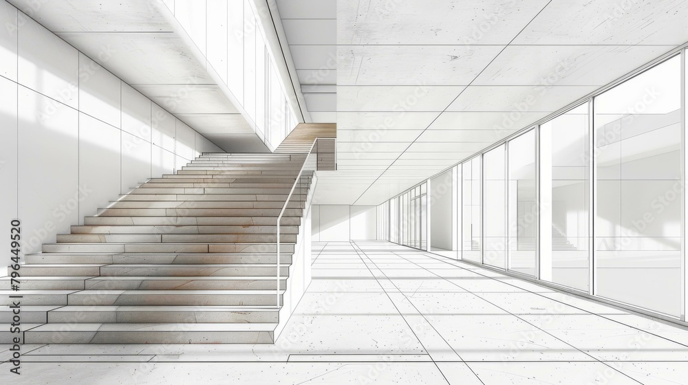 Obraz premium b'Architectural sketch of a modern building interior with stairs and large windows'