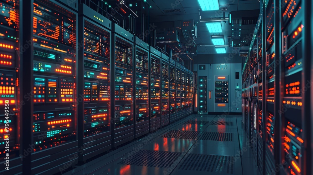 Internet Infrastructure: A vector illustration of a data center filled with rows of servers and network cables Internet Infrastructure: A vector illustration of a data center filled with rows of servers and network cables