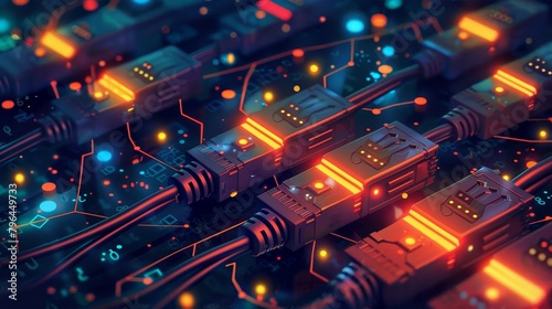 Internet Infrastructure: A vector illustration of network cables connecting devices photo