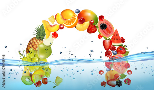 Fresh fruit and sweet berries  in transparent water and oxygen bubble. Pineapple, banana, cherry, orange, guava, pear, citron, peach, mango, papaya, grape, kiwi, strawberry, orange. Vector. © ecco