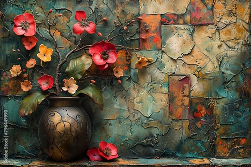 An abstract painting, with a metal element, textured background, and flowers, plants, and flowers on a vase