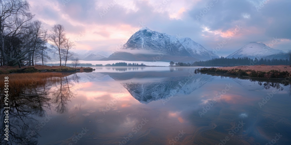 b'Winter mountain landscape with snow capped mountains and a calm lake reflecting the sky and mountains'