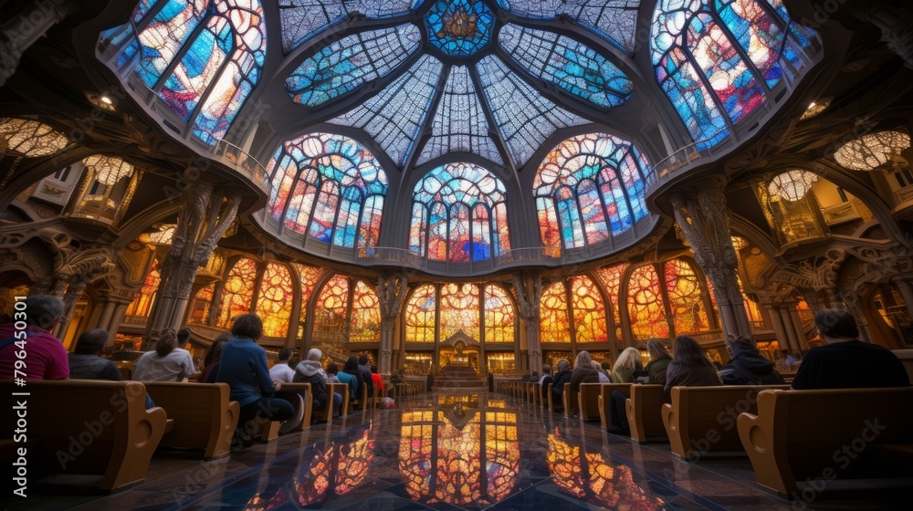 b'Stained glass windows in a church' b'Stained glass windows in a church'