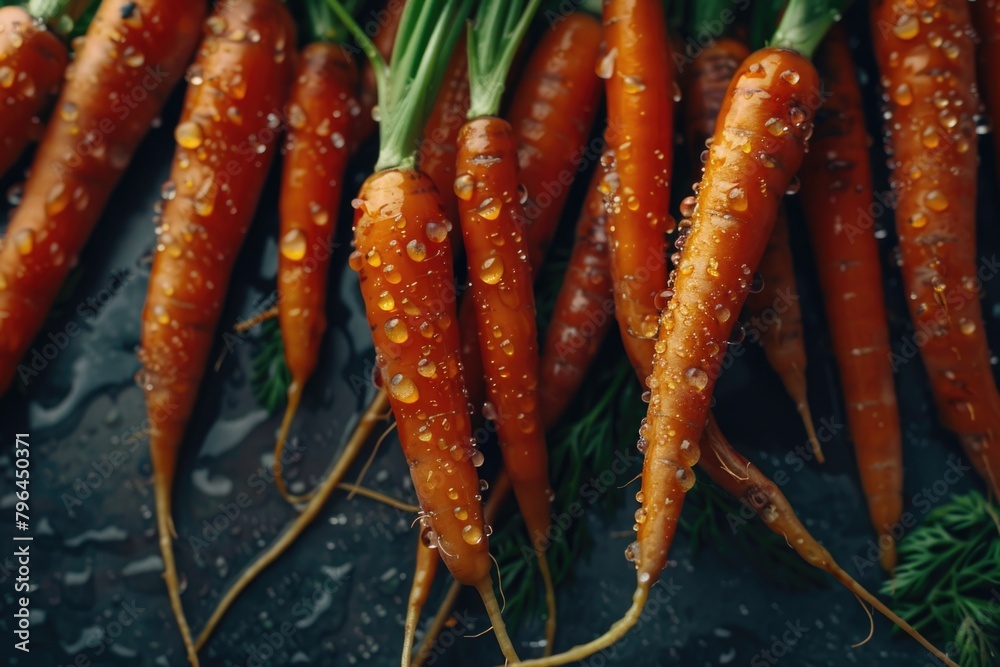 Fresh carrots with water droplets on top. Fresh carrots with water droplets on top.