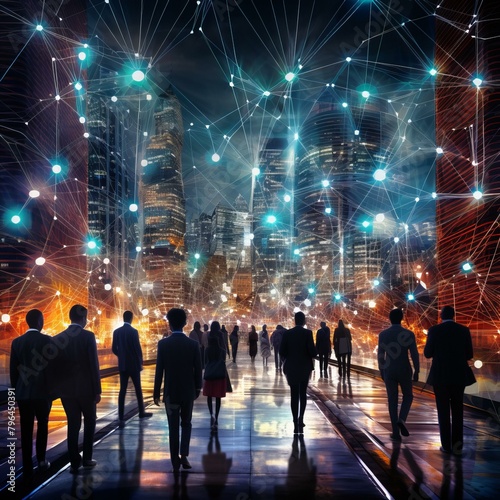 b Business professionals walking in a futuristic city with skyscrapers and glowing network connections representing a global business network 