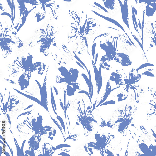 Painted Blue Flowers 
Decorative seamless pattern. Repeating background. Tileable wallpaper print. (ID: 796450583)