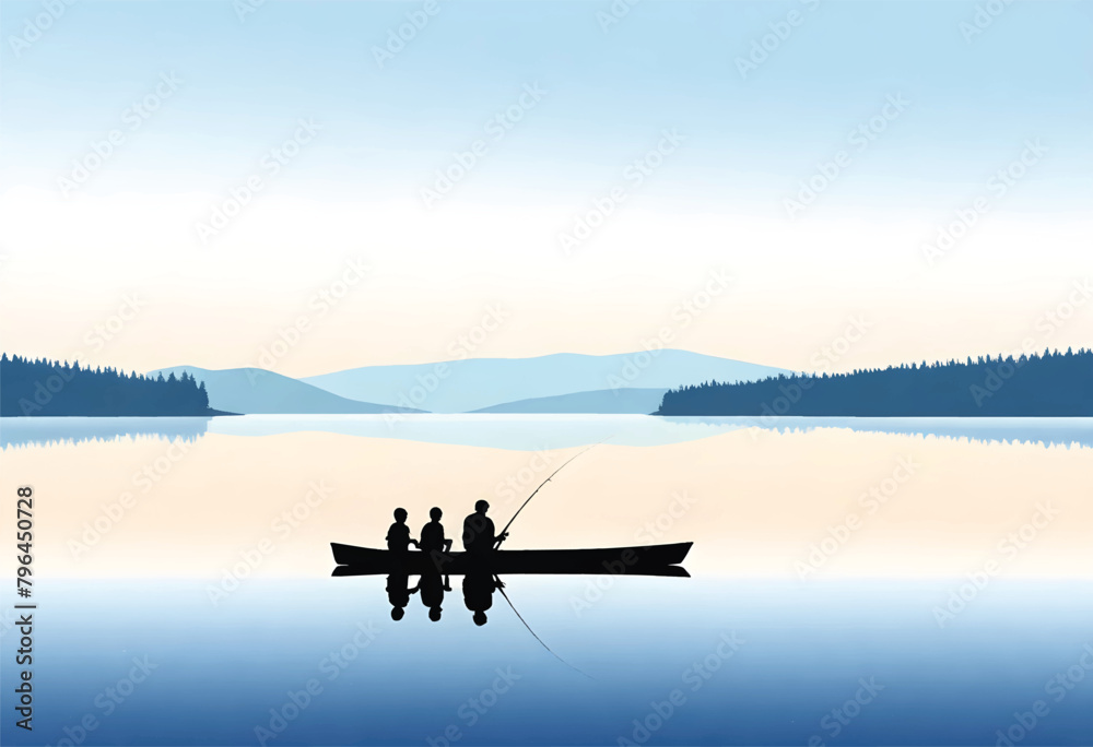 a father is fishing in a boat with two children on the lake a father is fishing in a boat with two children on the lake