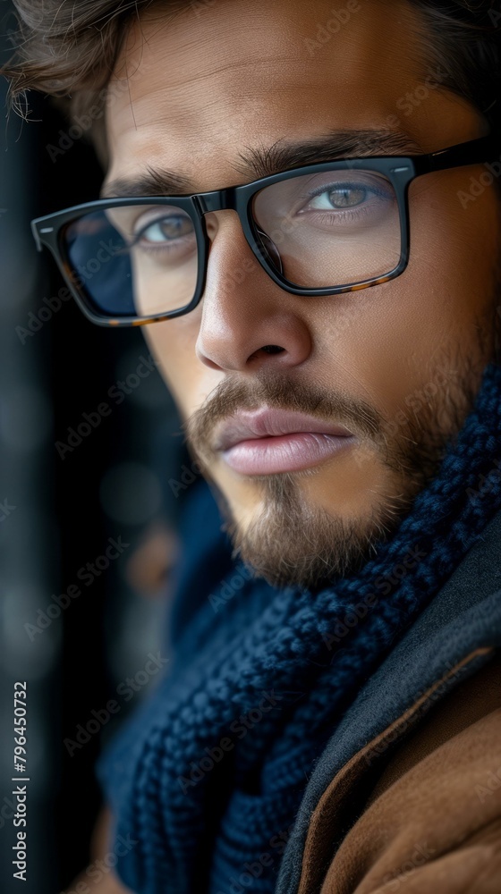 b'Portrait of a handsome young man with beard wearing glasses and scarf' b'Portrait of a handsome young man with beard wearing glasses and scarf'