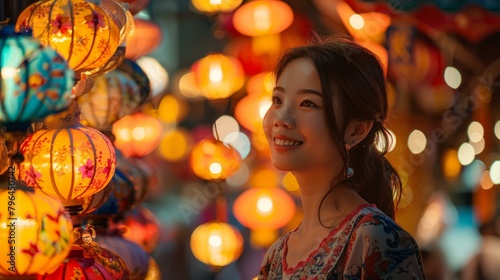 b'Asian woman looking at paper lanterns in a market'