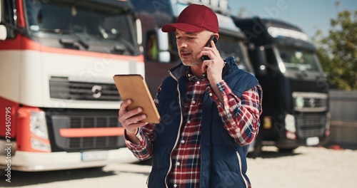 Adult Caucasian trucker speaking on his phone with his coworkers or customers about delivery planning. Busy man actively communicating in front of lorries. Shipping process. Transportation industry.