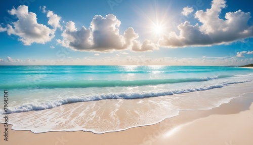 Sunset over the ocean, with waves gently lapping at the shore and a golden sky dotted with clouds. Wide-angle shot of a tranquil beach with white foam on the shore, vivid turquoise waters. 