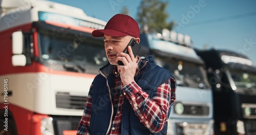 Adult Caucasian trucker speaking on his phone with his coworkers or customers about delivery planning. Busy man actively communicating in front of lorries. Shipping process. Transportation industry.