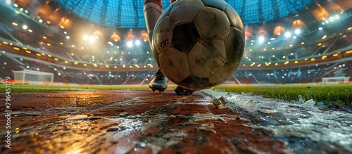 A wide-angle shot from ground level, showcasing the vastness of the indoor stadium, the penalty taker is a small figure in the foreground, their leg drawn back, realistic photo photo