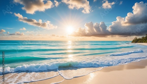 Sunset over the ocean, with waves gently lapping at the shore and a golden sky dotted with clouds. Wide-angle shot of a tranquil beach with white foam on the shore, vivid turquoise waters.
 photo