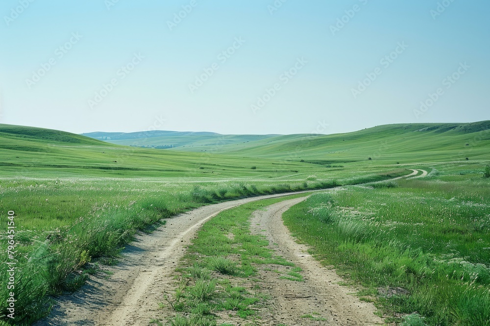 b'dirt road through a lush green grassy field' b'dirt road through a lush green grassy field'