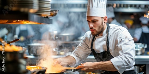 b'Young male chef is cooking in a restaurant kitchen'