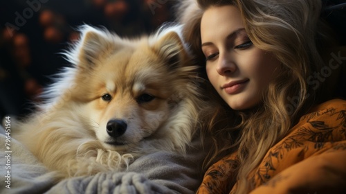b A young woman is lying on a bed with a dog. 