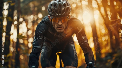 A cyclist riding a bike on a forest road at sunrise.