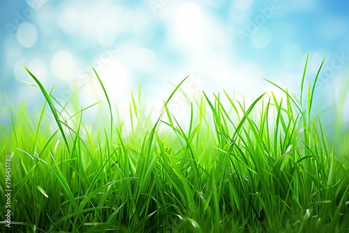 b Close-up of green grass field with blurred sky background 